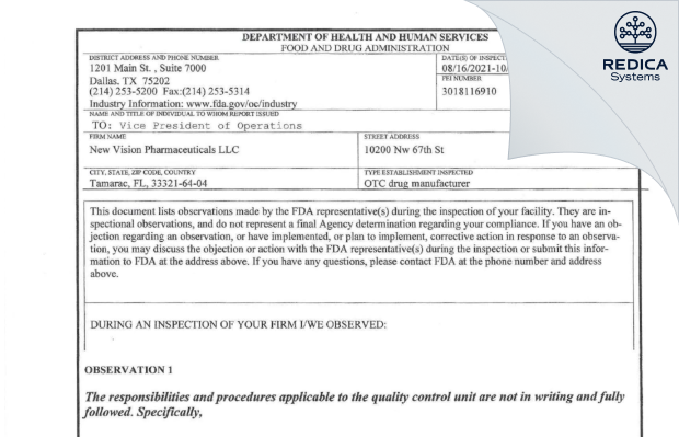 FDA 483 - New Vision Pharmaceuticals LLC [Florida / United States of America] - Download PDF - Redica Systems