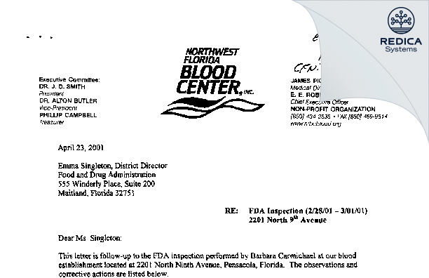 FDA 483 Response - OneBlood, Inc. [Pensacola / United States of America] - Download PDF - Redica Systems