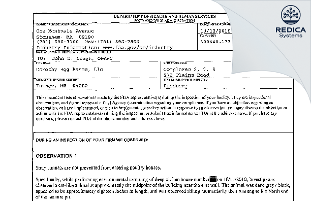 FDA 483 - Dorothy Egg Farms, Llc [Turner / United States of America] - Download PDF - Redica Systems