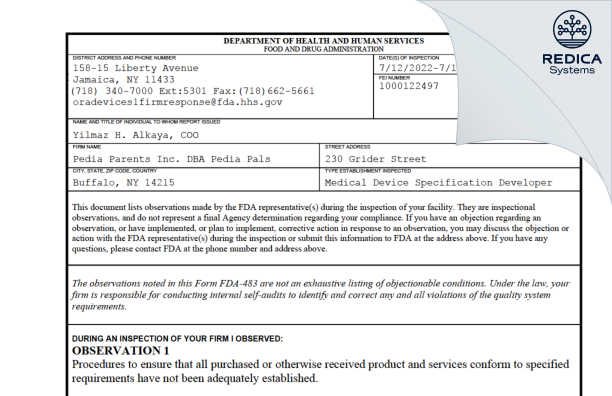 FDA 483 - Pedia Parents Inc. DBA Pedia Pals [Buffalo / United States of America] - Download PDF - Redica Systems