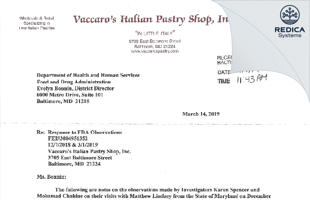 FDA 483 Response - Vaccaro's Italian Pastry Shop, Inc. [Baltimore / United States of America] - Download PDF - Redica Systems