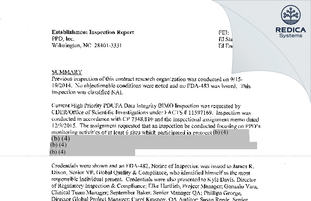 EIR - PPD, Inc., part of Thermo Fisher Scientific [Wilmington / United States of America] - Download PDF - Redica Systems
