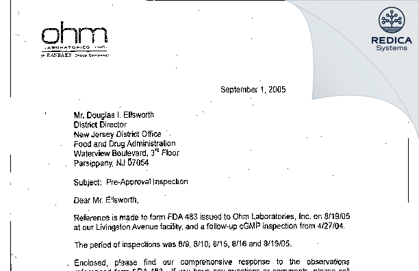 FDA 483 Response - OHM LABORATORIES INC. [North Brunswick / United States of America] - Download PDF - Redica Systems