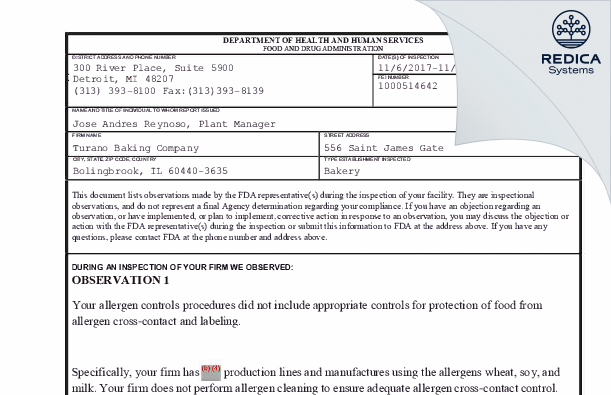 FDA 483 - TURANO KNEAD DOUGH BAKING CO [Bolingbrook / United States of America] - Download PDF - Redica Systems