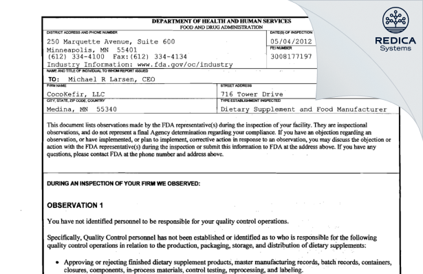 FDA 483 - CocoKefir, LLC [Medina / United States of America] - Download PDF - Redica Systems