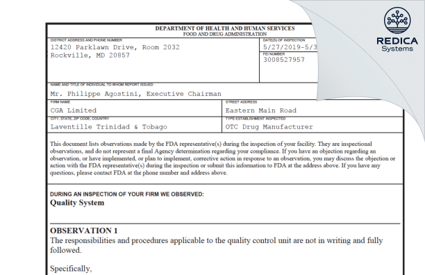 FDA 483 - CGA Limited [Laventille / Trinidad and Tobago] - Download PDF - Redica Systems