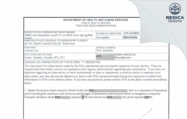 FDA 483 - Avmor [Laval / Canada] - Download PDF - Redica Systems