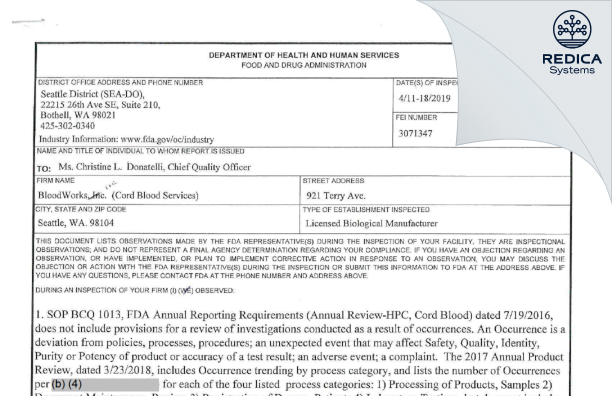 FDA 483 - Bloodworks [Seattle / United States of America] - Download PDF - Redica Systems