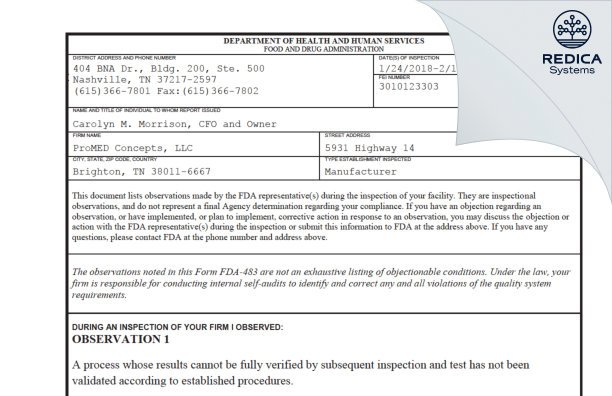 FDA 483 - ProMED Concepts, LLC [Brighton / United States of America] - Download PDF - Redica Systems