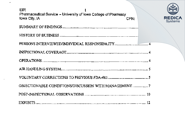 EIR - University of Iowa Pharmaceuticals [Iowa City / United States of America] - Download PDF - Redica Systems