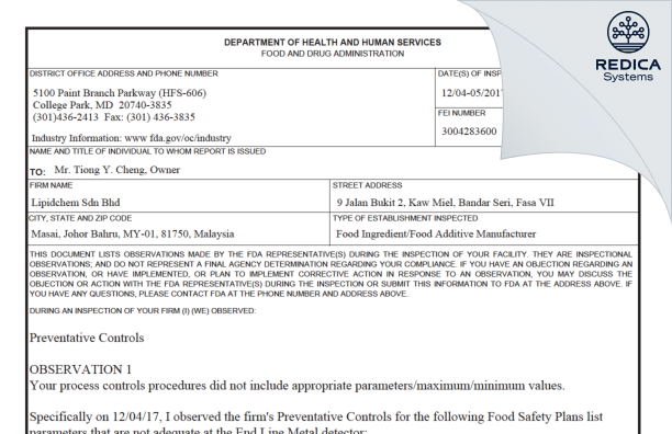 FDA 483 - LIPIDCHEM SDN BHD [Masai / Malaysia] - Download PDF - Redica Systems