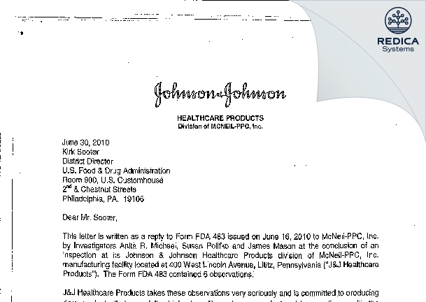 FDA 483 Response - Johnson & Johnson Consumer Inc. [Lititz Pennsylvania / United States of America] - Download PDF - Redica Systems