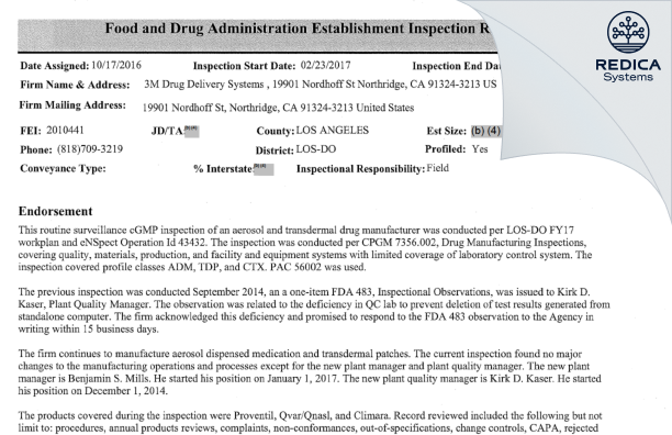 EIR - Kindeva Drug Delivery L.P. [Northridge / United States of America] - Download PDF - Redica Systems