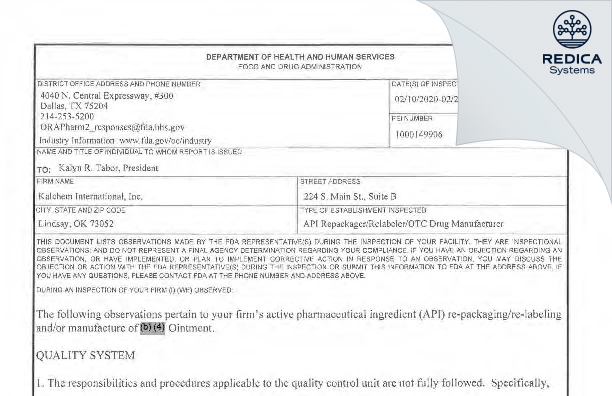 FDA 483 - Kalchem International Inc. [Lindsay / United States of America] - Download PDF - Redica Systems