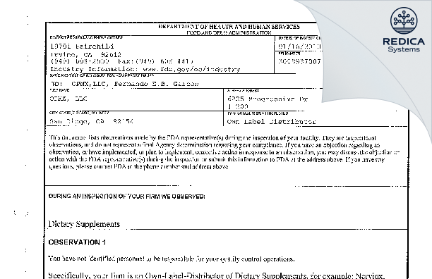 FDA 483 - OPMX, LLC [Chula Vista / United States of America] - Download PDF - Redica Systems