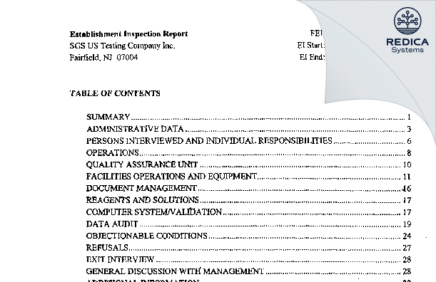 EIR - SGS North America Inc. [Fairfield / United States of America] - Download PDF - Redica Systems