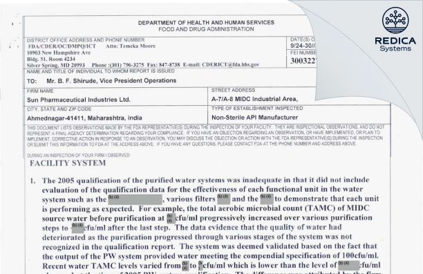 FDA 483 - Sun Pharmaceutical Industries Limited [India / India] - Download PDF - Redica Systems