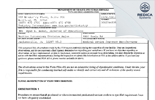 FDA 483 - G-5 Florida, LLC [Jacksonville / United States of America] - Download PDF - Redica Systems