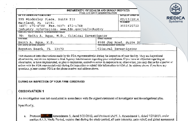 FDA 483 - Keith A. Aqua, M.D. [Boynton Beach / United States of America] - Download PDF - Redica Systems