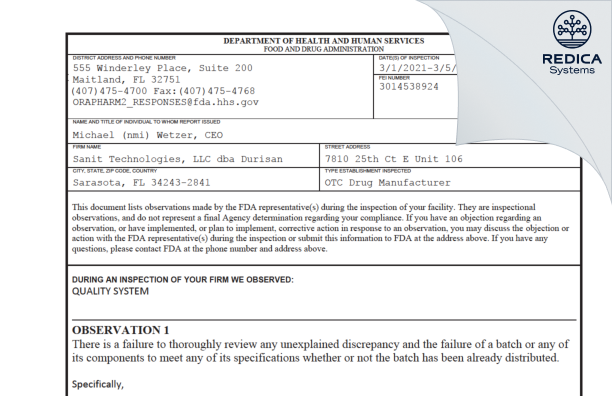 FDA 483 - Sanit Technologies, LLC dba Durisan [Sarasota / United States of America] - Download PDF - Redica Systems