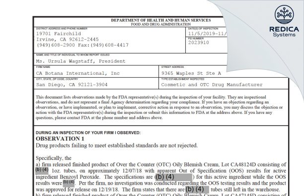 FDA 483 - CA-BOTANA INTERNATIONAL [San Diego / United States of America] - Download PDF - Redica Systems