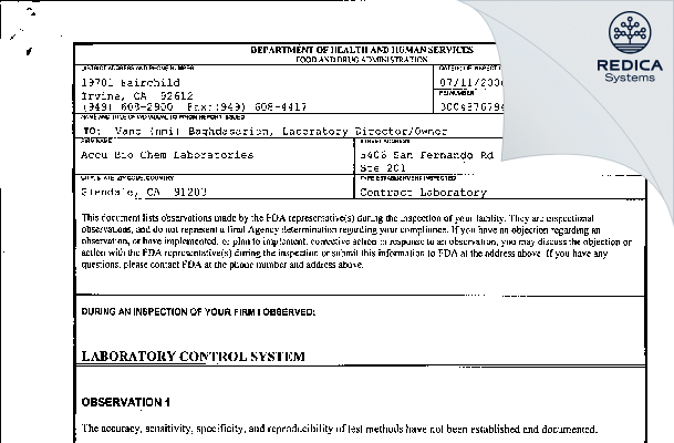 FDA 483 - ACCU BIO-CHEM LABS [California / United States of America] - Download PDF - Redica Systems
