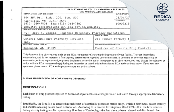 FDA 483 - Central Admixture Pharmacy Services Inc [Homewood / United States of America] - Download PDF - Redica Systems