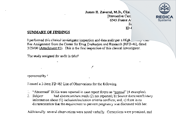 EIR - Zavoral, James H., M.D., Clinical Investigator [Edina / United States of America] - Download PDF - Redica Systems