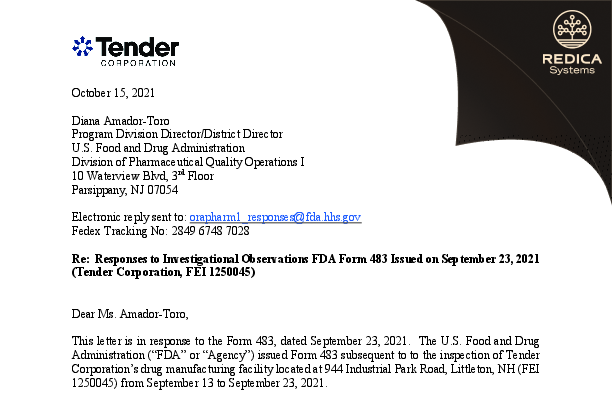 FDA 483 Response - Tender Corporation [Littleton / United States of America] - Download PDF - Redica Systems