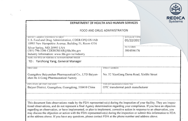 FDA 483 - GUANGZHOU BAIYUNSHAN PHARMACEUTICAL CO., LTD. BAIYUNSHAN HEJIGONG PHARMACEUTICAL FACTORY [China / China] - Download PDF - Redica Systems