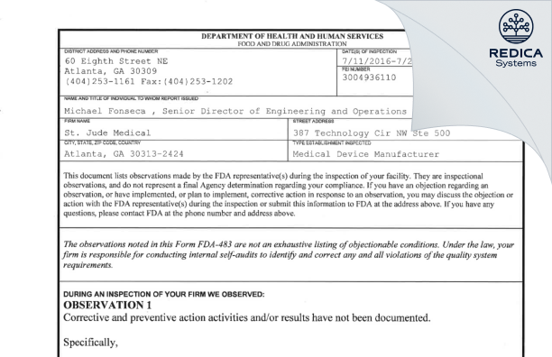 FDA 483 - Abbott Laboratories, Inc. [Atlanta / United States of America] - Download PDF - Redica Systems