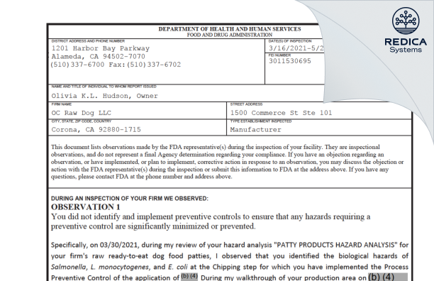 FDA 483 - OCPP LLC [Corona / United States of America] - Download PDF - Redica Systems