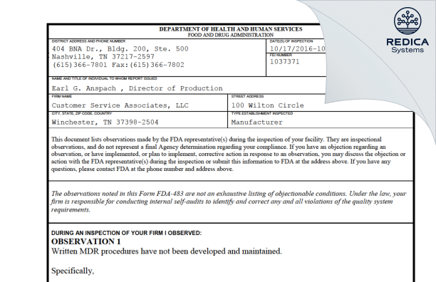 FDA 483 - Customer Service Associates, LLC [Winchester / United States of America] - Download PDF - Redica Systems