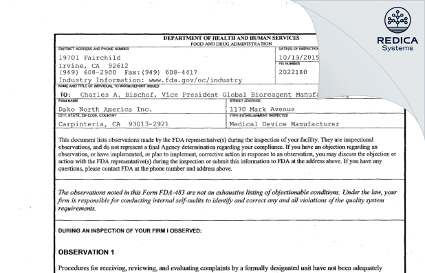 FDA 483 - Agilent Technologies, Inc. [Carpinteria / United States of America] - Download PDF - Redica Systems