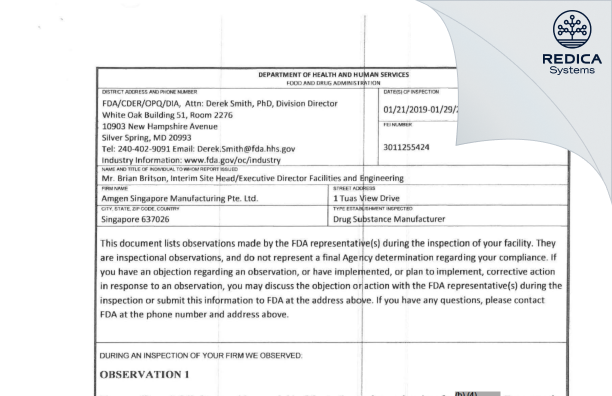 FDA 483 - Amgen Singapore Manufacturing Pte. Ltd. [Singapore / Singapore] - Download PDF - Redica Systems