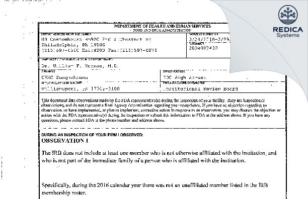 FDA 483 - UPMC Susquehanna [Williamsport / United States of America] - Download PDF - Redica Systems