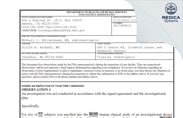 FDA 483 - Sujith R. Kalmadi, MD [Chandler / United States of America] - Download PDF - Redica Systems
