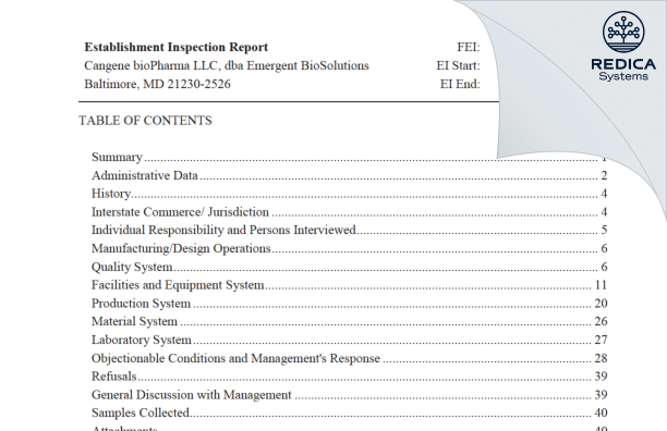 EIR - Cangene BioPharma, LLC [Baltimore / United States of America] - Download PDF - Redica Systems
