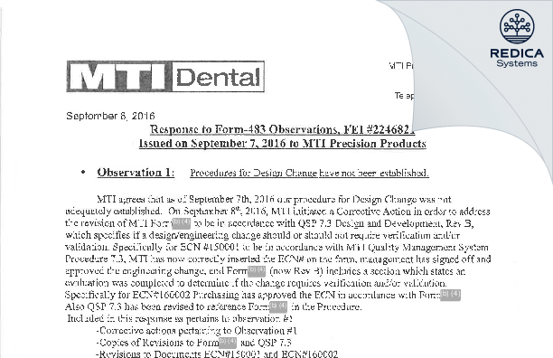 FDA 483 Response - MTI Precision Products LLC. [Coatesville / United States of America] - Download PDF - Redica Systems