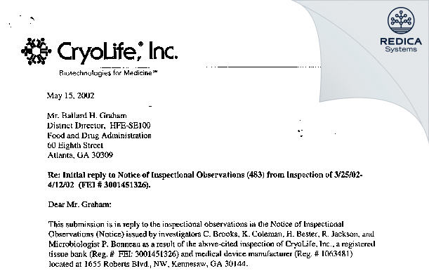 FDA 483 Response - Artivion, Inc [Kennesaw / United States of America] - Download PDF - Redica Systems