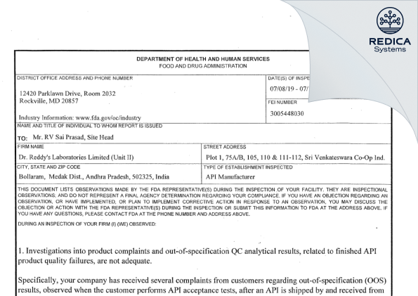 FDA 483 - DR. REDDY'S LABORATORIES LIMITED [Sangareddy / India] - Download PDF - Redica Systems