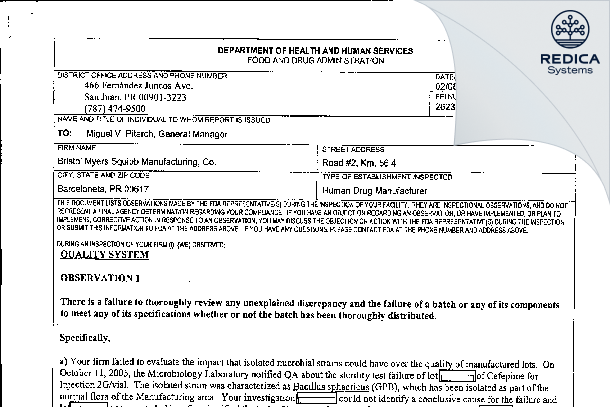 FDA 483 - Bristol Myers Squibb Manufacturing, Co. [Barceloneta / United States of America] - Download PDF - Redica Systems