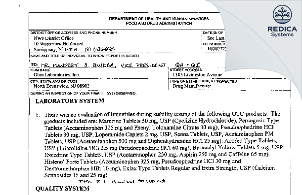 FDA 483 - OHM LABORATORIES INC. [North Brunswick / United States of America] - Download PDF - Redica Systems