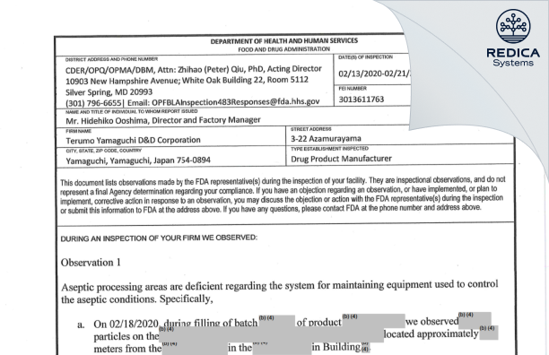 FDA 483 - TERUMO YAMAGUCHI CORPORATION [Sayama Yamaguchi / Japan] - Download PDF - Redica Systems