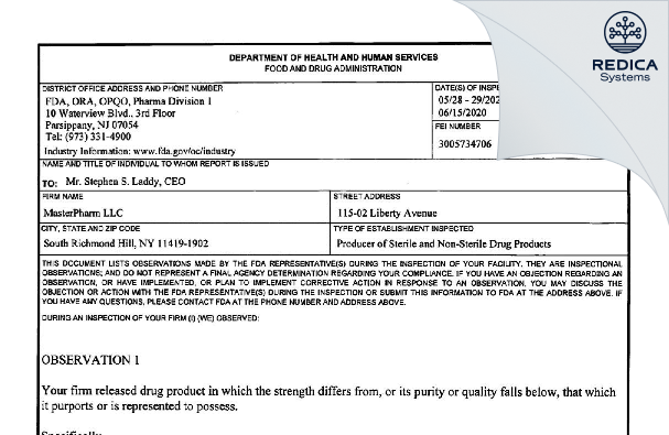 FDA 483 - MasterPharm LLC [South Richmond Hill / United States of America] - Download PDF - Redica Systems