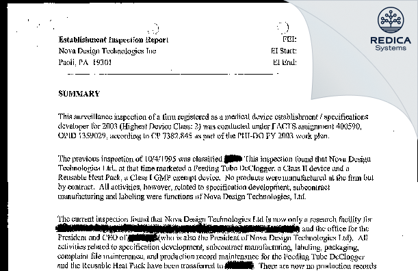 EIR - Nova Design Technologies, LTD [Paoli / United States of America] - Download PDF - Redica Systems