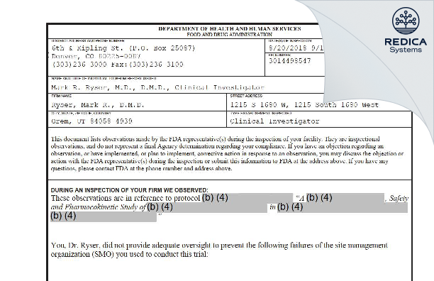 FDA 483 - Ryser, Mark R., D.M.D. [Orem / United States of America] - Download PDF - Redica Systems