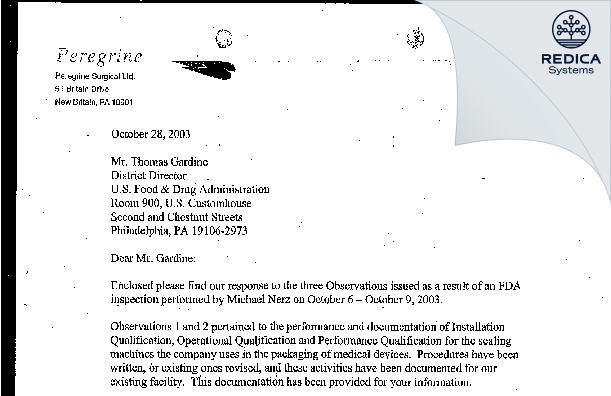 FDA 483 Response - Peregrine Surgical Ltd [New Britain / United States of America] - Download PDF - Redica Systems