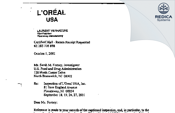 FDA 483 Response - L'OREAL USA, INC. [Jersey / United States of America] - Download PDF - Redica Systems