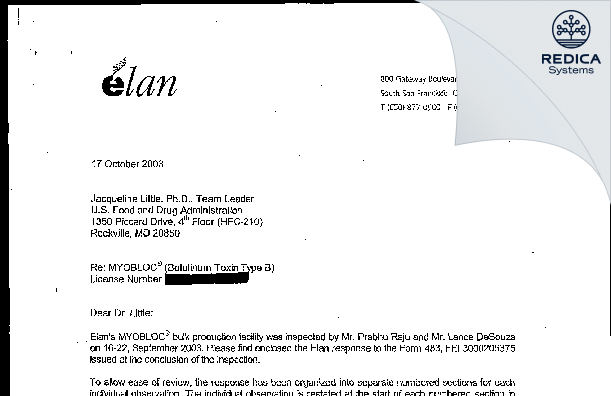 FDA 483 Response - Elan Pharmaceuticals, Inc. [South San Francisco / United States of America] - Download PDF - Redica Systems